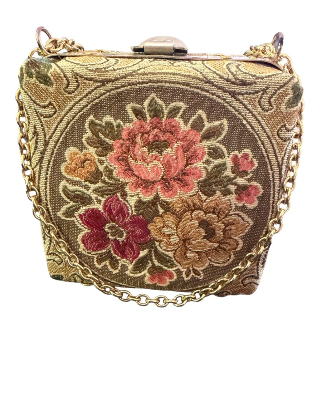 Vintage Floral Tapestry Box Bag with Gold Chain Strap - Pink & Brown